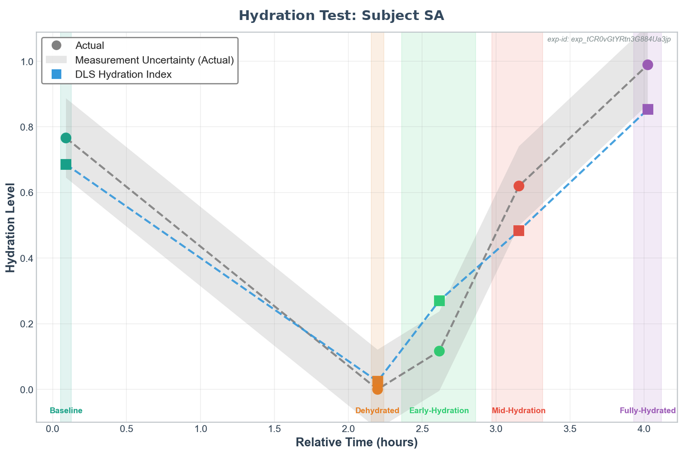 Hydration test chart for a single participant showing actual hydration level with measurement uncertainty band (gray) and DLS Hydration Index prediction (blue dashed). The prediction tracks the actual curve closely from baseline through dehydration to full rehydration.
